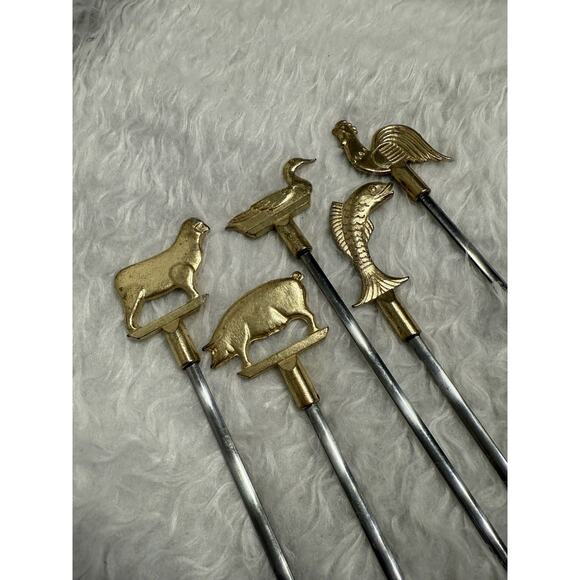 Vintage Brass Topped Skewers Set of 5 Animals Stainless Steel 8.5 in - Picture 1 of 3